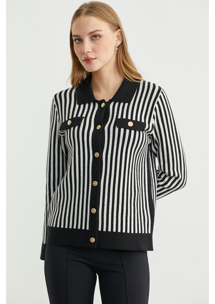 Çizgi Detaylı Yakalı Triko Ceket - Siyah modelleri