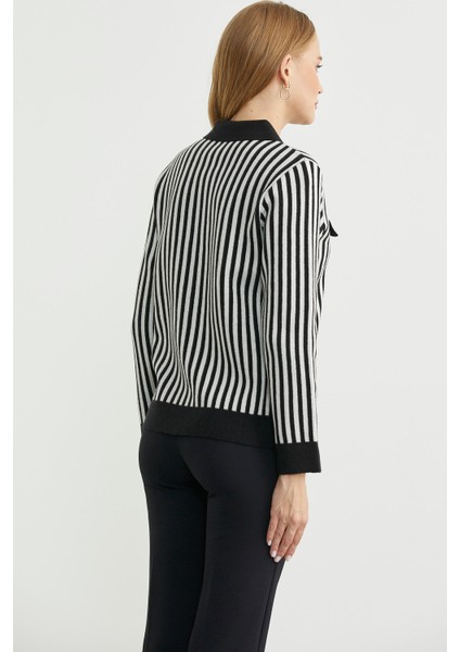 Çizgi Detaylı Yakalı Triko Ceket - Siyah indirimleri