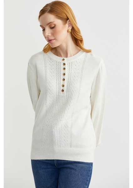 Yarım Düğmeli Yuvarlak Yaka Triko Kazak - Kemik fırsatları