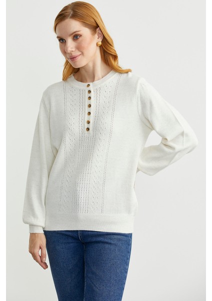 Yarım Düğmeli Yuvarlak Yaka Triko Kazak - Kemik indirimleri