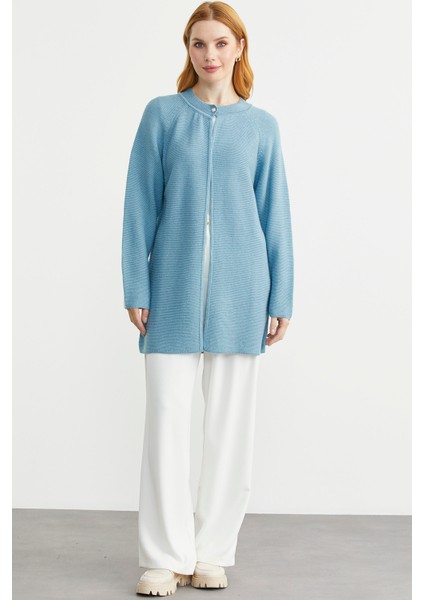 Sıfır Yaka Yünlü Uzun Triko Hırka - Mavi