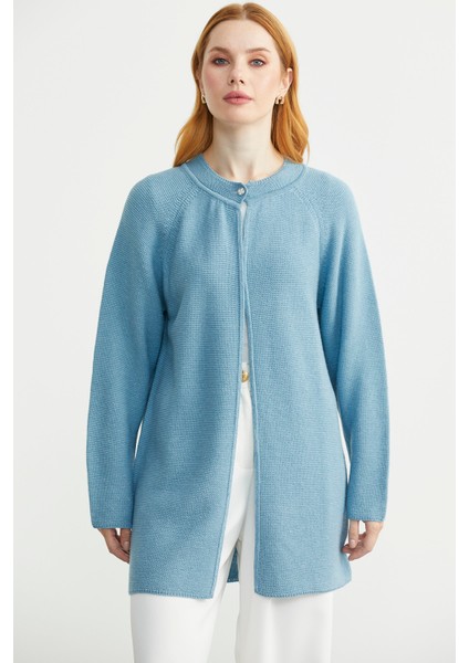 Sıfır Yaka Yünlü Uzun Triko Hırka - Mavi fiyatları