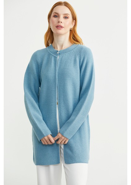 Sıfır Yaka Yünlü Uzun Triko Hırka - Mavi modelleri