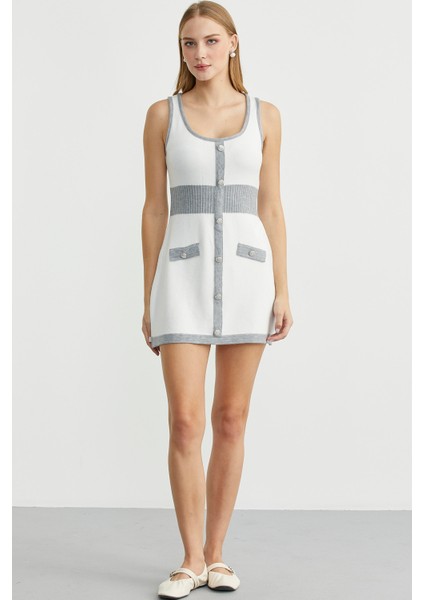 Blok Geçişli Elbise Hırka Triko Takım - Gri