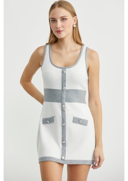 Blok Geçişli Elbise Hırka Triko Takım - Gri modelleri