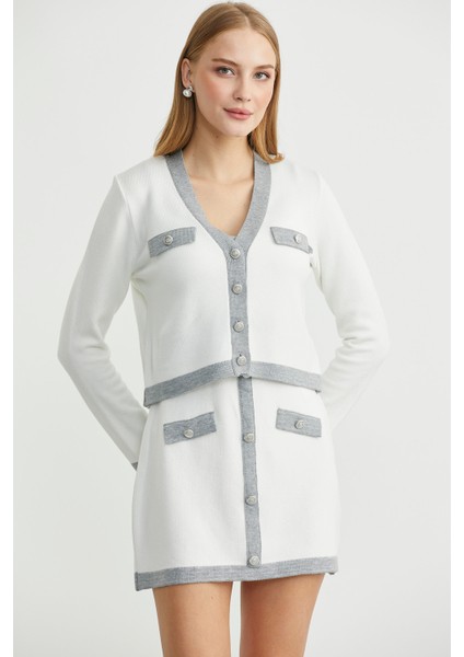 Blok Geçişli Elbise Hırka Triko Takım - Gri fırsatları