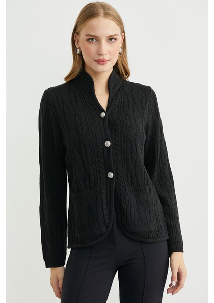 Hakim Yaka Cepli Yün Triko Ceket - Siyah
