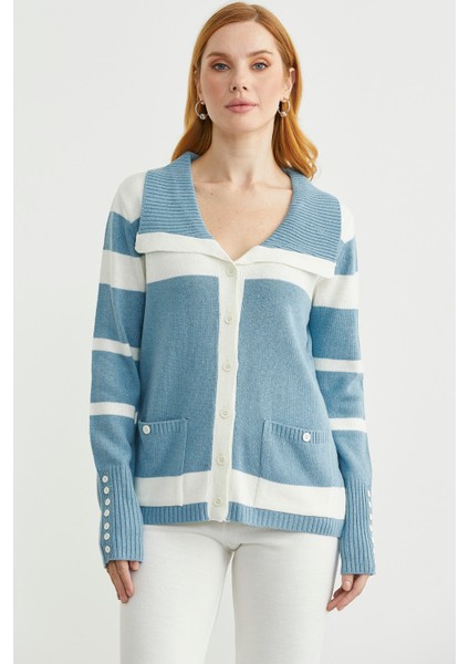 Şal Yaka Düğmeli Yün Triko Hırka - Mavi