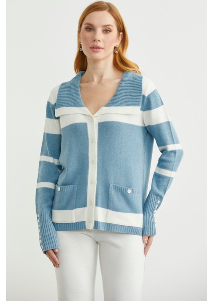 Şal Yaka Düğmeli Yün Triko Hırka - Mavi fiyatları