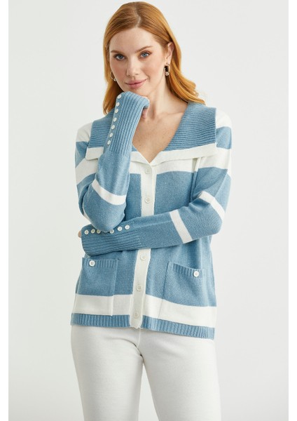 Şal Yaka Düğmeli Yün Triko Hırka - Mavi modelleri