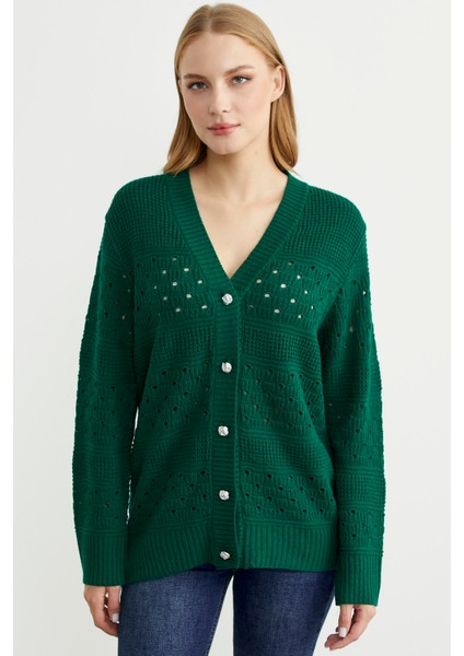 Delik Motifli Yünlü Triko Hırka - Yeşil