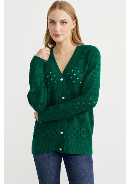 Delik Motifli Yünlü Triko Hırka - Yeşil fiyatları