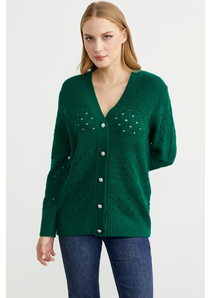 Delik Motifli Yünlü Triko Hırka - Yeşil modelleri