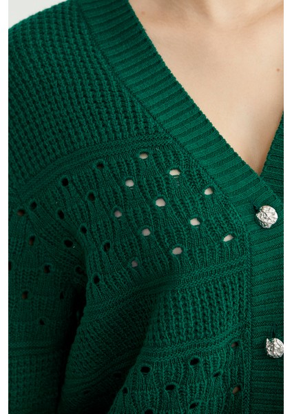 Delik Motifli Yünlü Triko Hırka - Yeşil fırsatları