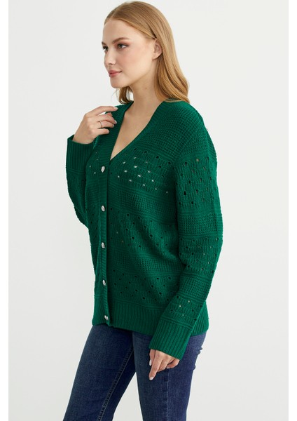 Delik Motifli Yünlü Triko Hırka - Yeşil indirimleri