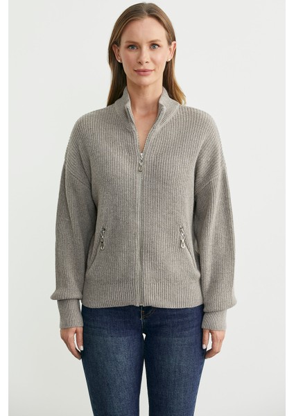 Yünlü Dik Yaka Fermuarlı Triko Hırka - Bej