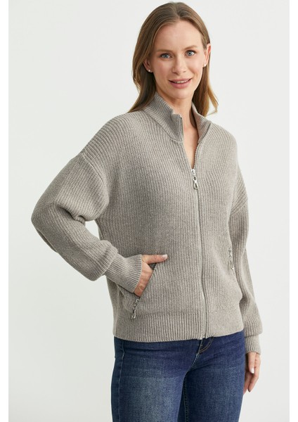 Yünlü Dik Yaka Fermuarlı Triko Hırka - Bej fiyatları