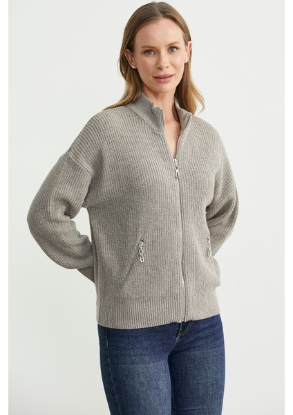 Yünlü Dik Yaka Fermuarlı Triko Hırka - Bej modelleri