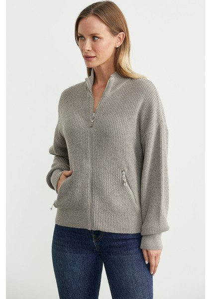 Yünlü Dik Yaka Fermuarlı Triko Hırka - Bej fırsatları