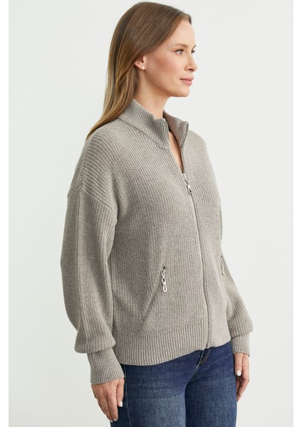 Yünlü Dik Yaka Fermuarlı Triko Hırka - Bej indirimleri