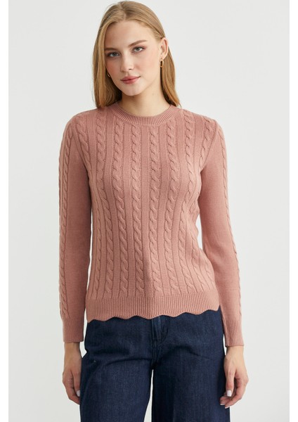 Dilimli Saç Örgülü Triko Kazak - Gül