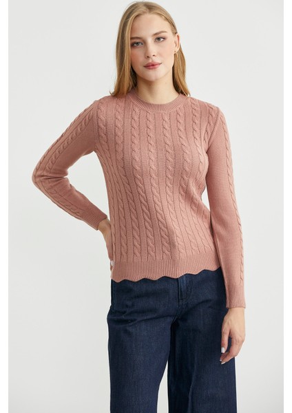 Dilimli Saç Örgülü Triko Kazak - Gül fiyatları