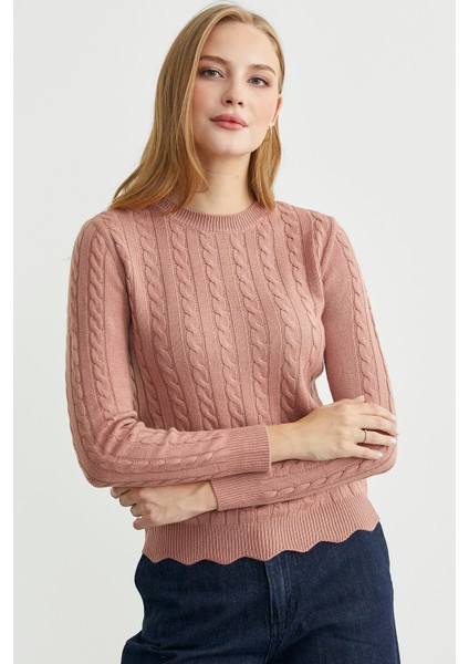 Dilimli Saç Örgülü Triko Kazak - Gül fırsatları