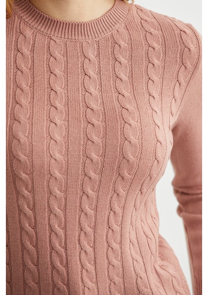 Dilimli Saç Örgülü Triko Kazak - Gül indirimleri