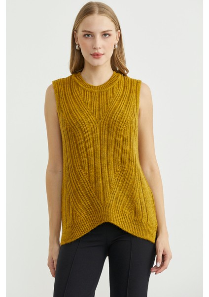 Arkası Uzun Bisiklet Yaka Yünlü Triko Süveter - Hardal