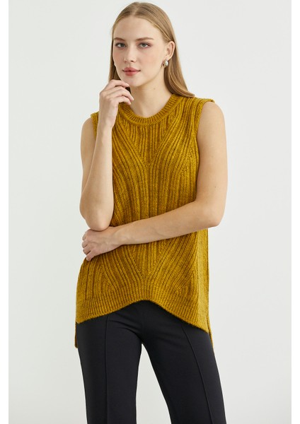 Arkası Uzun Bisiklet Yaka Yünlü Triko Süveter - Hardal modelleri