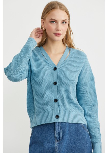Yaka Detaylı Düğmeli Triko Hırka - Açık Mavi