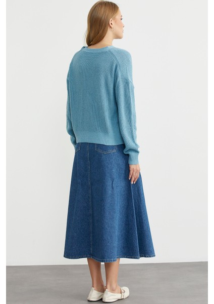 Yaka Detaylı Düğmeli Triko Hırka - Açık Mavi indirimleri