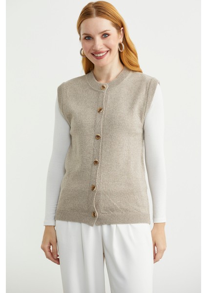 Düğme Kapamalı Yünlü Triko Yelek - Vizon