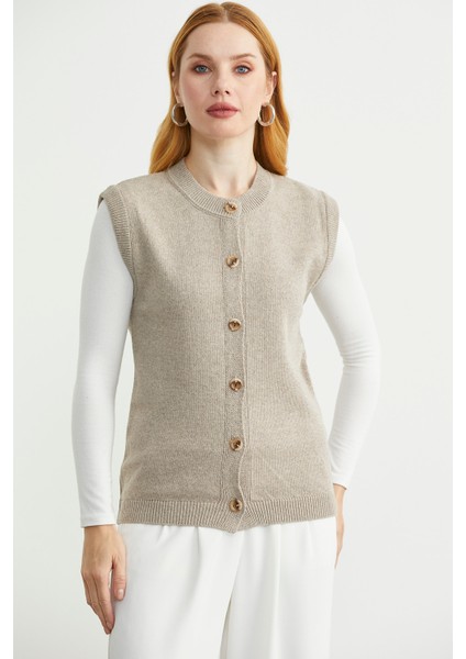Düğme Kapamalı Yünlü Triko Yelek - Vizon fiyatları