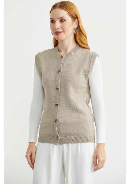 Düğme Kapamalı Yünlü Triko Yelek - Vizon modelleri