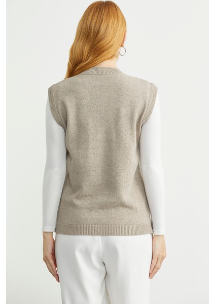 Düğme Kapamalı Yünlü Triko Yelek - Vizon indirimleri