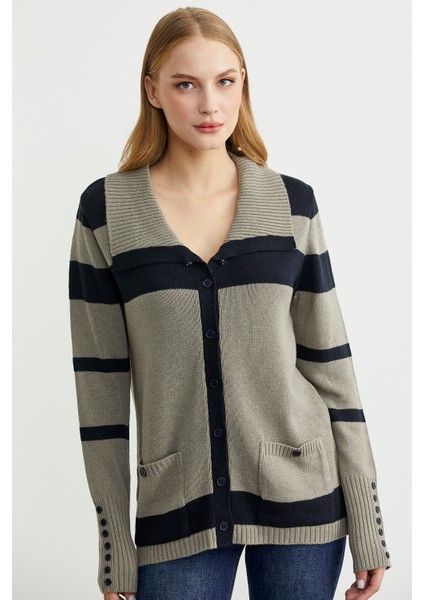 Şal Yaka Düğmeli Yün Triko Hırka - Vizon