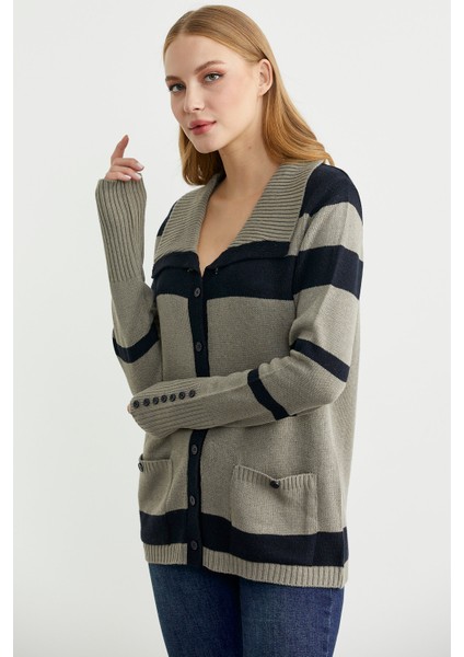 Şal Yaka Düğmeli Yün Triko Hırka - Vizon indirimleri