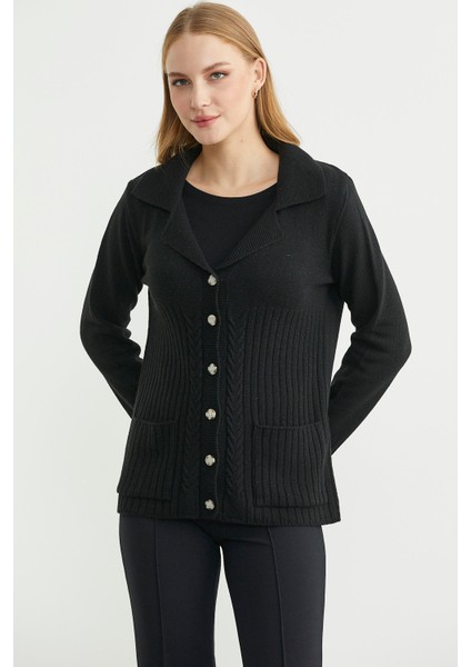 Yünlü Cepli Düğme Detaylı Triko Ceket - Siyah