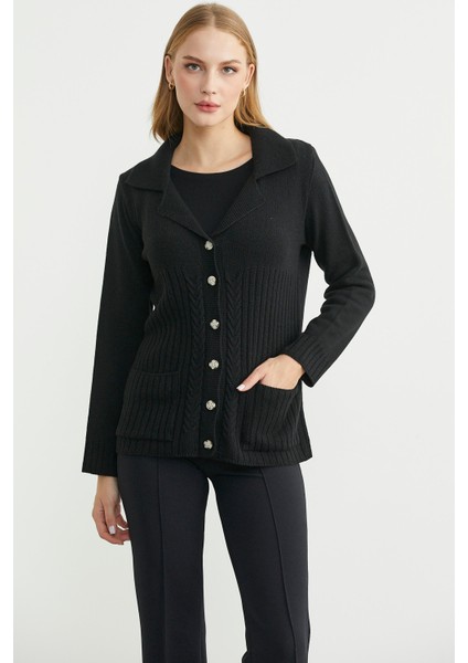 Yünlü Cepli Düğme Detaylı Triko Ceket - Siyah fiyatları