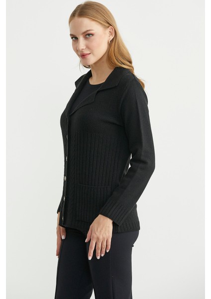 Yünlü Cepli Düğme Detaylı Triko Ceket - Siyah fırsatları