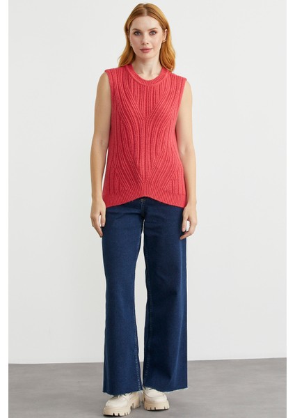 Arkası Uzun Bisiklet Yaka Yünlü Triko Süveter - Mercan