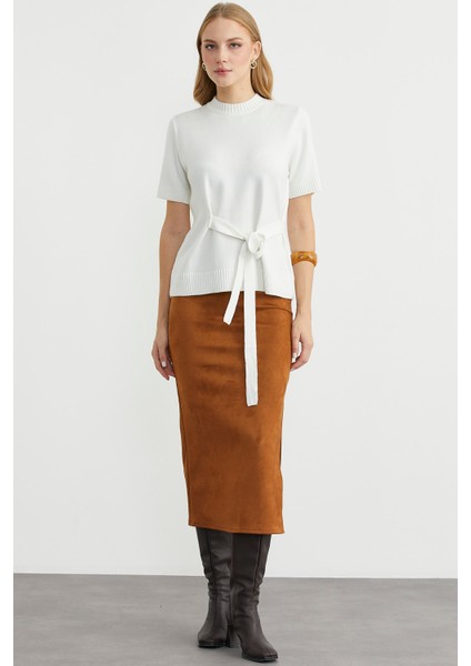 Kuşaklı Kısa Kol Triko Kazak - Kemik