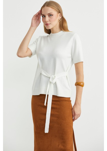 Kuşaklı Kısa Kol Triko Kazak - Kemik fiyatları