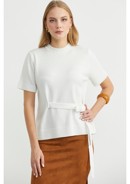 Kuşaklı Kısa Kol Triko Kazak - Kemik fırsatları