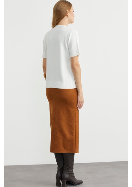 Kuşaklı Kısa Kol Triko Kazak - Kemik indirimleri