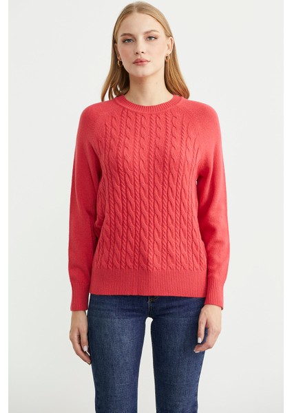 Motifli Daire Yaka Triko Kazak - Gül modelleri