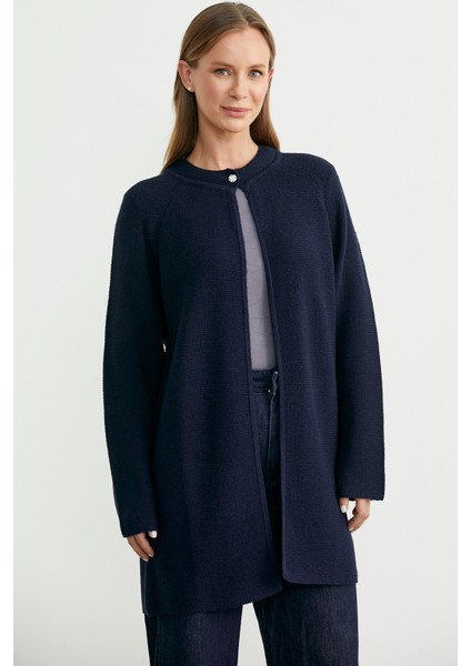 Sıfır Yaka Yünlü Uzun Triko Hırka - Lacivert