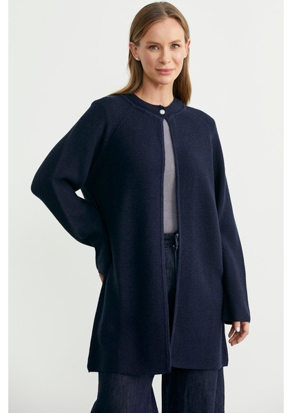 Sıfır Yaka Yünlü Uzun Triko Hırka - Lacivert modelleri