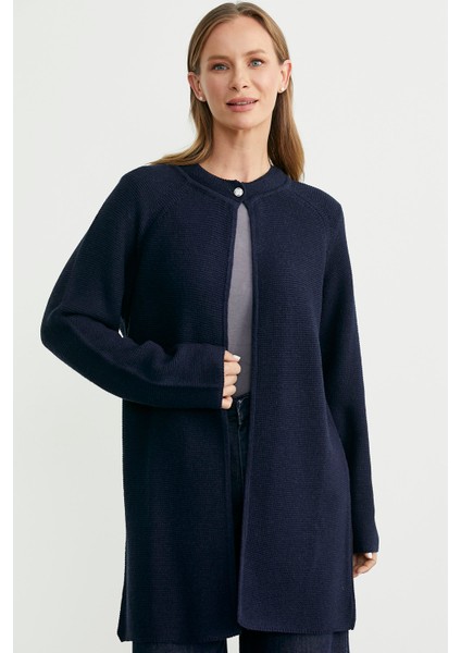 Sıfır Yaka Yünlü Uzun Triko Hırka - Lacivert fırsatları